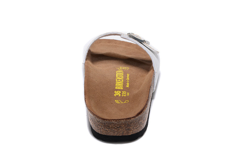 Birkenstock Single Button White Matte Leather Black Sole Slippers