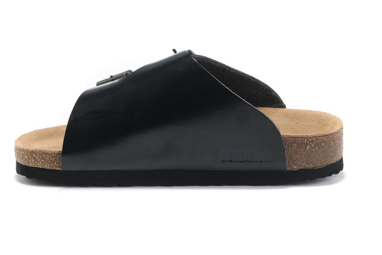 Birkenstock Two Buttons Black Matte Leather Fashion Slippers
