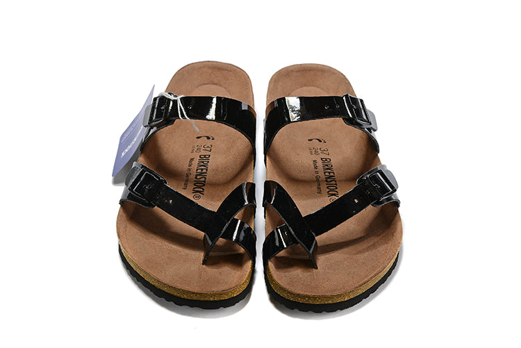 Birkenstock Two-Button Ringfinger Black Patent Leather Slippers