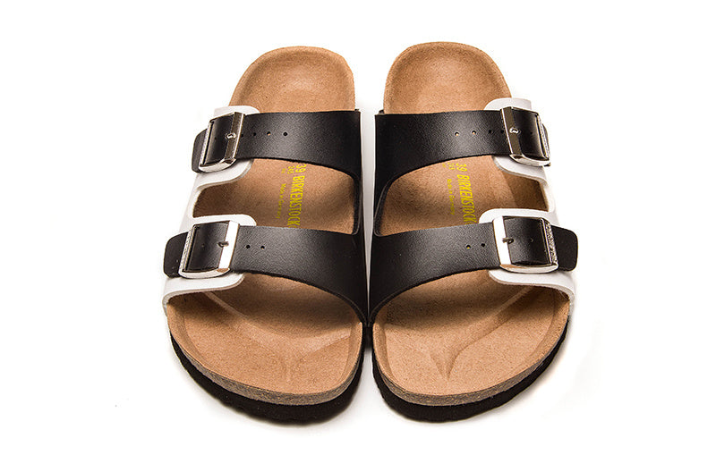 Birkenstock Two-Button Black And White Matte Leather Slippers