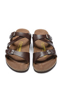 Birkenstock Two-Button Brown Matte Leather Intersect Black Sole Slippers