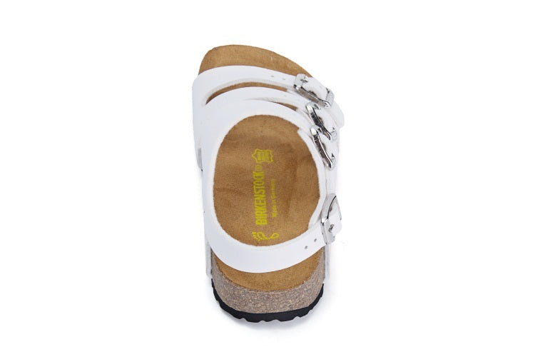 Birkenstock Ellice Three-Button White Matte Leather Strappy Sandals
