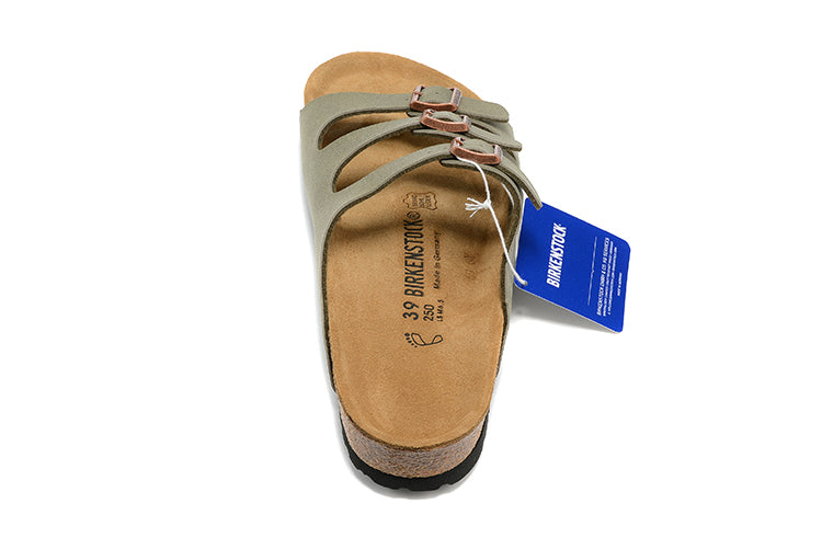 Birkenstock Three-Button Grayish Green Scrub Leather Casual Sandals