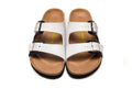 Birkenstock Two-Button White And Black Matte Leather Slippers