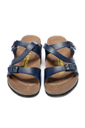 Birkenstock Two-Button Navy Matte Leather Intersect Black Sole Slippers