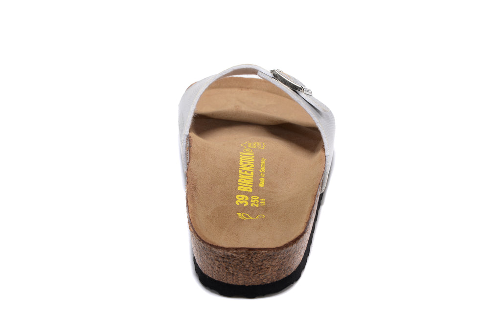 Birkenstock Madrid Silver Snakeskin Single Strap Slide Sandals