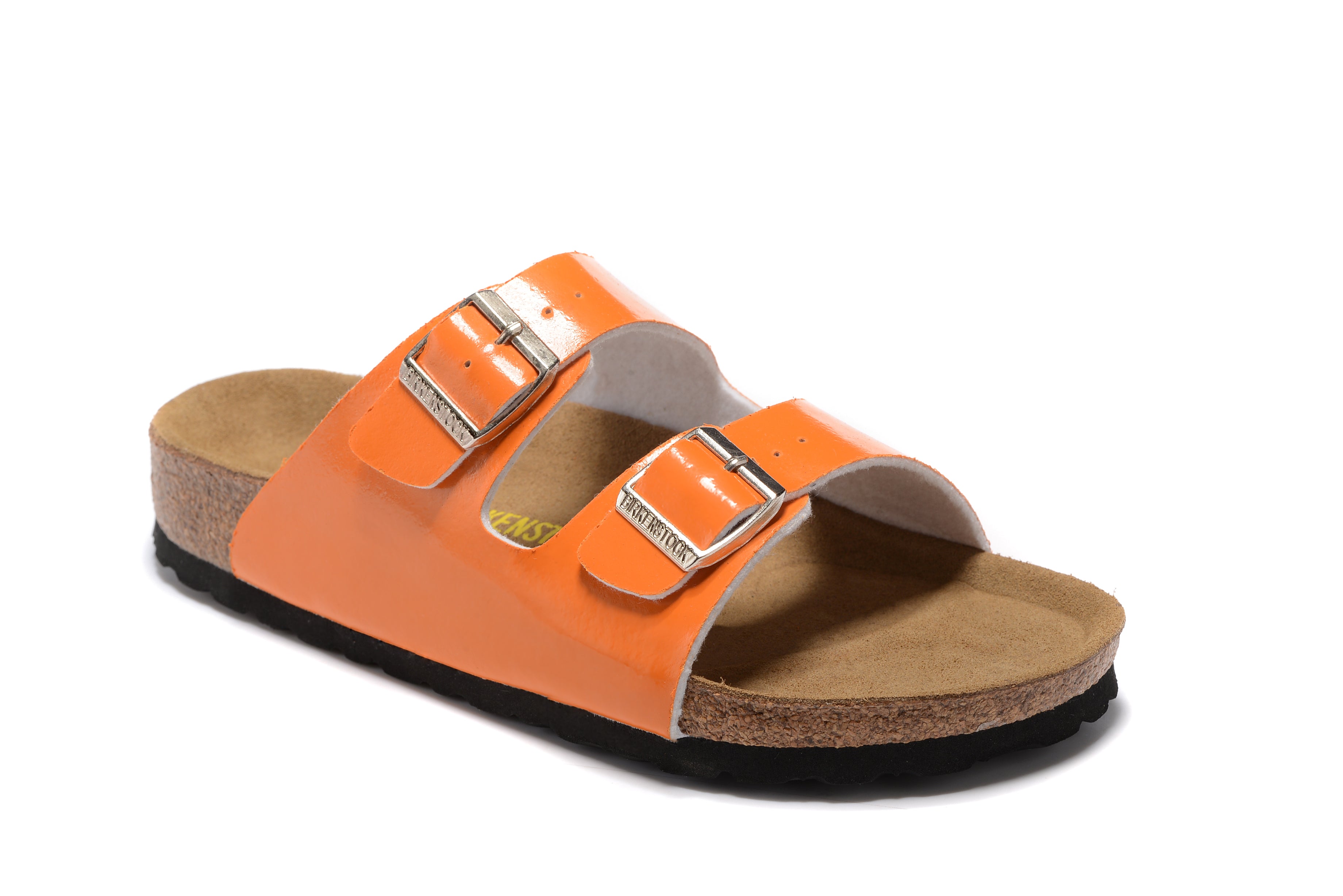Birkenstock Arizona Orange Patent Two Buckle Leather Sandals