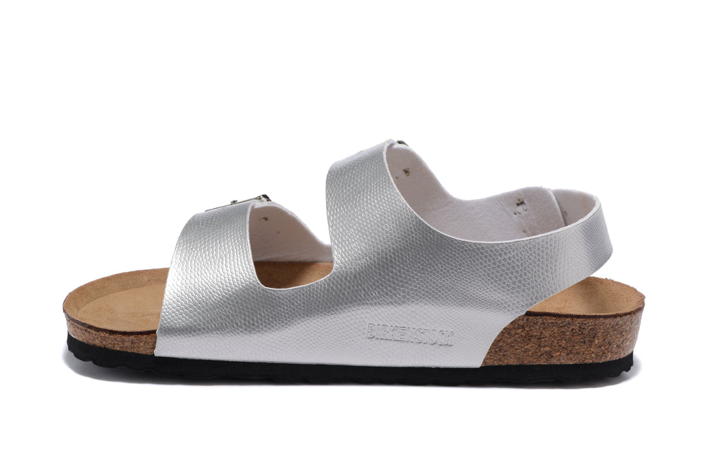 Birkenstock Silver Snakeskin Double Buckle Strap Sandal