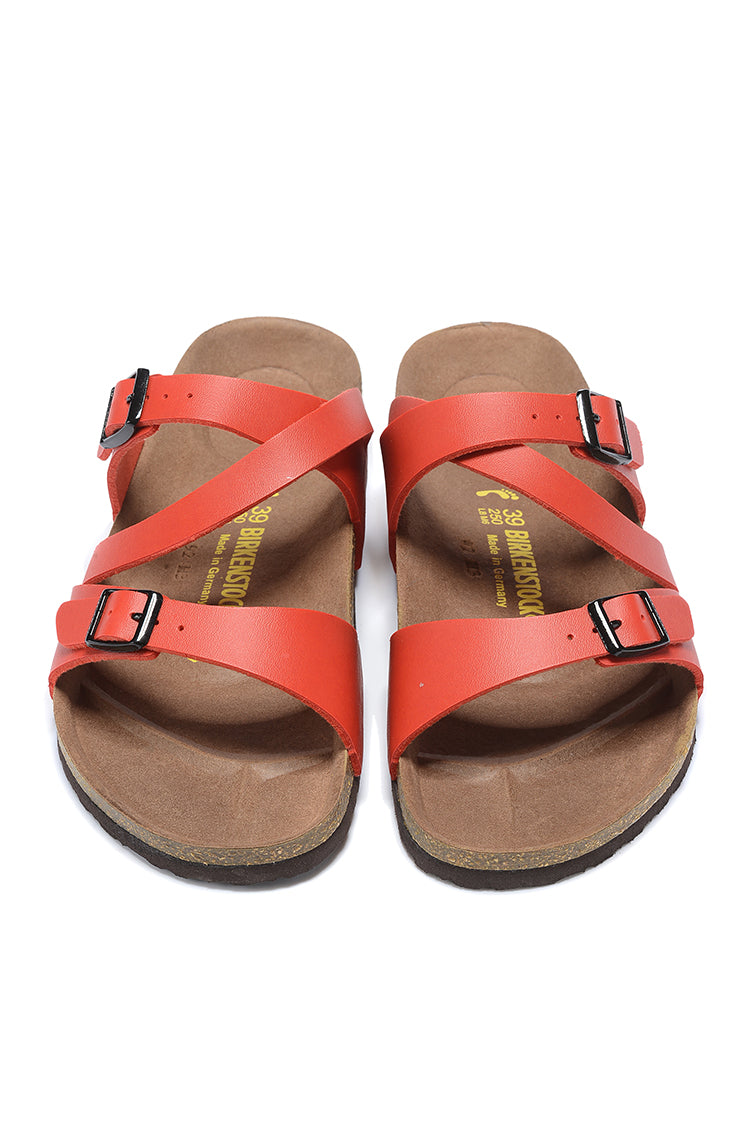 Birkenstock Two-Button Red Matte Leather Intersect Black Sole Slippers