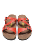 Birkenstock Two-Button Red Matte Leather Intersect Black Sole Slippers