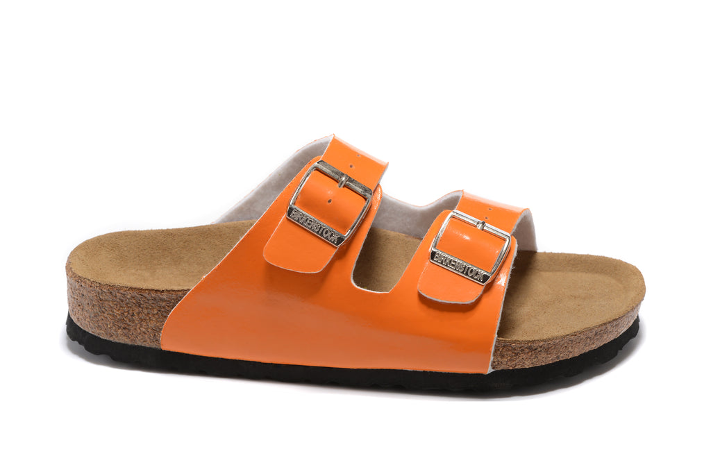 Birkenstock Arizona Orange Patent Two Buckle Leather Sandals