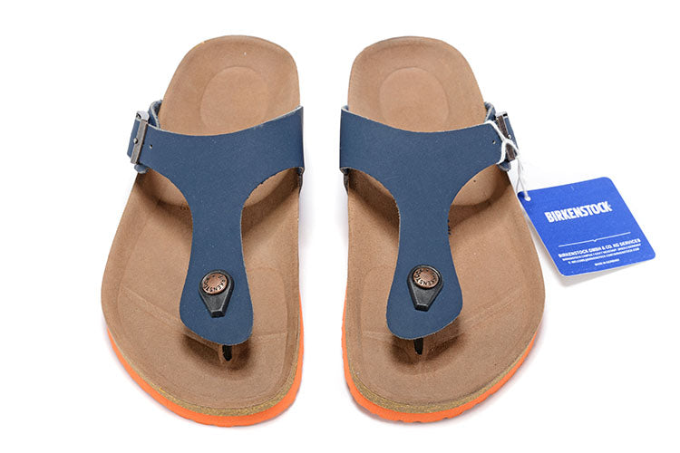 Birkenstock Blue Orange Sole Casual Scrub Leather Flip Flops